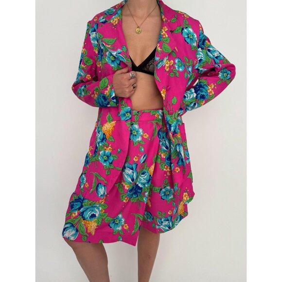 90s vintage pink floral print pure silk blazer skort 2 piece coord matching set - Picture 3 of 10